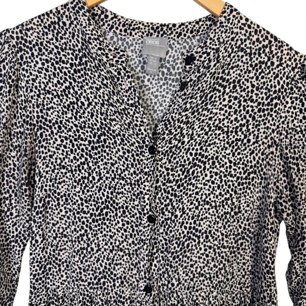 ASOS Maxi Dress Size 2 Black Beige Spotted Print 3/4 Sleeve Neutrals button down
